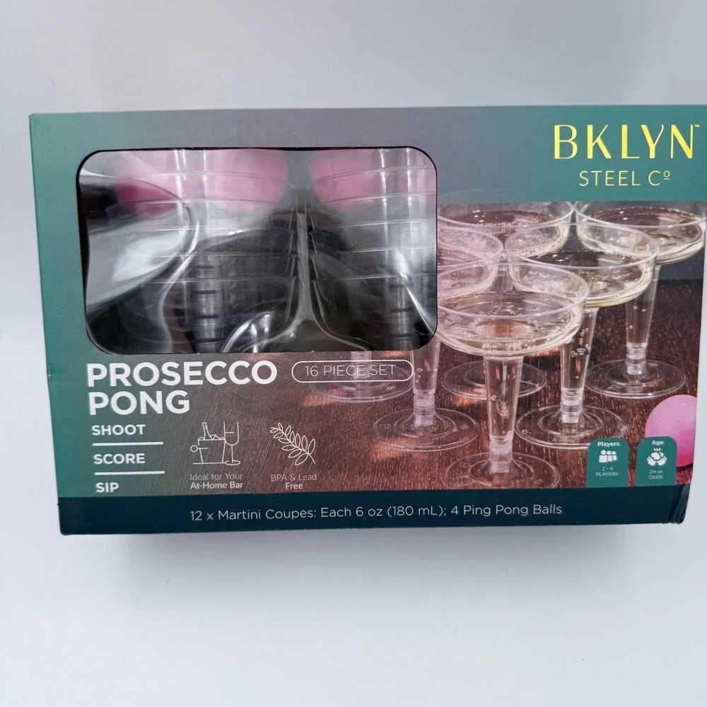 BKLYN Steel Co Prosecco Pong Set‎ 16pc Coupe Glass Party Game NEW